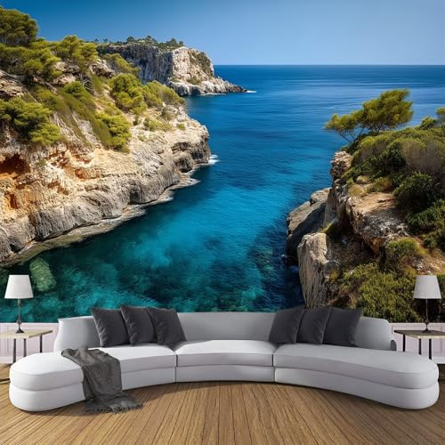 Papier Peint Panoramique Vue Sur La Mer Falaise,300×210cm 3D Photo Murale Mural, Eau Mer Nature Îles Grandes Murales Poster Pour Salon Et Chambre,Décoration Murale,Papier Peint Intissé Moderne