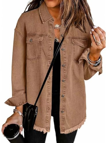 HOOUDO light jacket women Denim Jackets Women Button Down Long Sleeves Jean Coat Womens Jacket Casual Oversized Fall Coats Ladies Lightweight Jacket Winter Jackets for Women UK