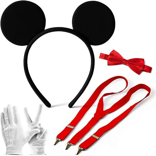 Mega_Jumble Men's Mickey Mouse Fancy Dress Costume - Headband with Ears, Bowtie, Braces & Gloves | Mickey & Minnie Mouse Set Hen/Stag Night Theme Party Outfit Accessories