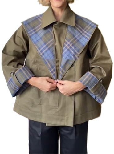 Damen kurze Trenchcoats Herbst Notch Kragen Plaid Reversible Oversized Jacke mit Taschen