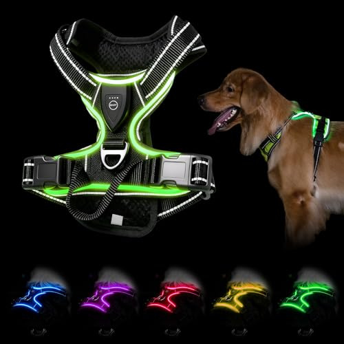 Hundegeschirr Leuchtend, LED Leuchtgeschirr für Hunde, LED Hundeweste Geschirr wiederaufladbar, 7 Farben Hundelicht Geschirr, Reflektierend Hundelichter für kleine mittelgroße und große Hunde