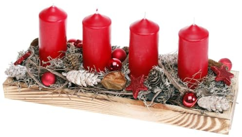 Adventsgesteck länglich auf Holztablett, 4 Stumpenkerzen rot CreaFlor Home