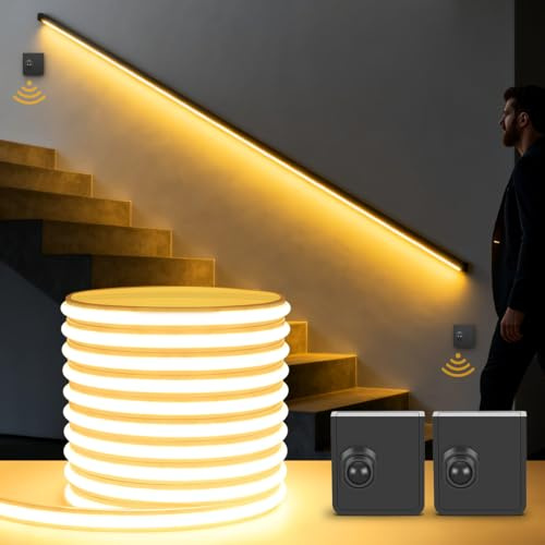 LED Strip mit 2 Bewegungsmelder 10M, 24V 280 LEDs/M mit Stecker LED Streifen mit Netzteil Selbstklebend 3000K Warmweiß Bewegungsaktivierte Licht für Schränke Treppen Flur Schlafzimmer Party,3000k,10M
