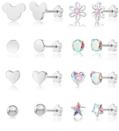 8 par titanörhängen barn flickor, söta medicinska örhängen allergivänliga guld silver flatback örhängen för spädbarn kvinnor hjärta blomma skruvlock örhängen, Small, Rostfritt stål, Kubisk zirkonia