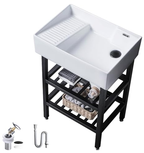 Lavabo per Bucato in Ceramica Bianca con Asse per Lavare Integrata e Supporto in Acciaio Inossidabile, Lavandino Bagno per Lavanderia, Cucina, Bagno, Garage, Cantina(50x37x84cm/19.7x14.5x33in)