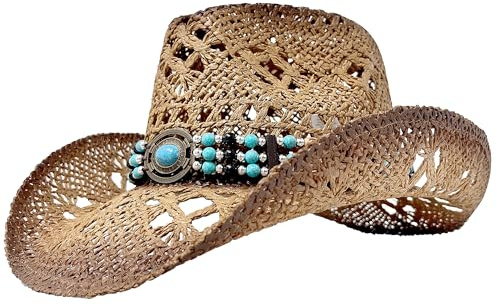 Wildarms Sombrero Cowboy de Paja para Hombre marrón Claro, Sombrero Vaquero Transpirable Estilo Western para Verano, Feria y Festival, Talla 61 cm