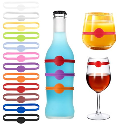 Glasmarker Silikon 12 Stück Wein Trinken Marker Glasmarkierer Bunte Glas Markierung Trinkgläser Wiederverwendbarer Glas Kennzeichnung Teebeutel Halter für Party Weinglas, Trinkglas (Mehrfarbig)