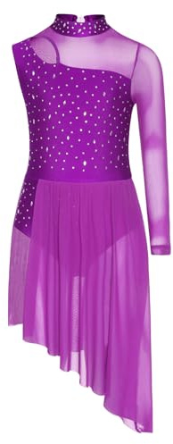 Eulervate Robe Danse Fille Enfant Manche Longue Une Epaule Robe Danse Contemporaine Lyrique Strass Tenue Patinage Artistique Costume