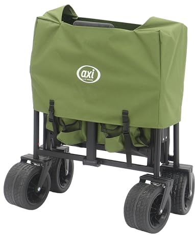 AXI SB221 Faltbarer Bollerwagen mit Dach in Grün | Handwagen Klappbar/Faltbar mit Zug- & Schiebestange, Gurt, Hülle, & Getränkehalter - PP Gummireifen | Kapazität: 130 l