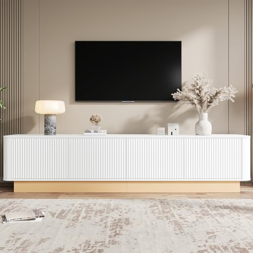 Qsddk TV Schrank mit 4-Türig, TV Lowboard mit Stauraum, Fernsehschrank Wohnzimmerschrank, TV Möbel Wohnzimmer Möbel, 200 x40x47 cm (Weiß)