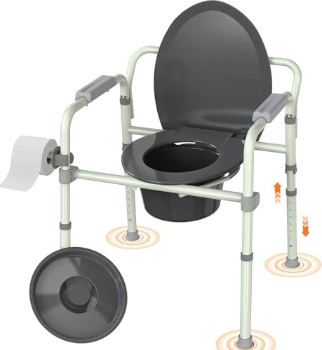 Luckfaith 4-in-1 Commode Toilet Chair for Elderly, Folding Bedside Commode Chair with Arms & Removable Bucket, Supports 348 lbs, Height Adjustable Portable Commode for Home Care & Recovery