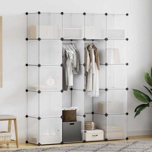Kaloriko Modularer Schrank mit 14 Fächern Weiß Kunststoff 37x146x180,5 cm für Schlafzimmer Kinderzimmer Flur, platzsparend mit Stecksystem Organizer und Staubschutz
