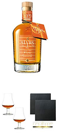 Slyrs Bavarian Whisky - Sauternes - Fass Deutschland 0,35 Liter (Halbe) + Stölzle Nosingglas für Whisky 2 Gläser - 1610031 + Schiefer Glasuntersetzer eckig ca. 9,5 cm Ø 2 Stück