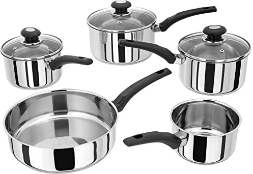 Judge Essentials - Batterie de cuisine en inox HPC1 - poêle 26 cm - casseroles 14 cm/16 cm/18 cm/16 cm - couvercle en verre avec trou vapeur - compatible induction - garanti 10 ans - 5 pièces