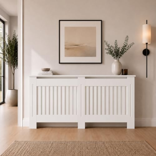 DuraTherm® Radiator Cover White Painted Modern Vertical Slat Shelves MDF Cabinet Shelf for Radiators, Living Rooms, Bedrooms, Extra Large (W: 172cm / H: 81.5cm / D: 19cm)