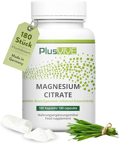 PlusVive Magnesiumcitrat Kapseln hochdosiert I 1x 180 Kapseln I 700mg Trimagnesiumdicitrat & 120mg reines Magnesium pro Kapsel I mit Papain & Spirulina I Nahrungsergänzungsmittel vegan & laborgeprüft