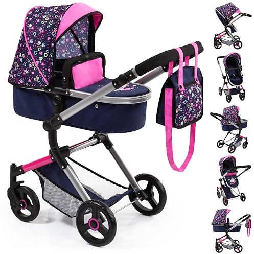Bayer Design 18417Aa, Cochecito de Muñecas, Carro Neo Vario, Combolsa, Convertible, Plegable, Ajustable, Azul Comsirena, Color, Diseño de Corazón