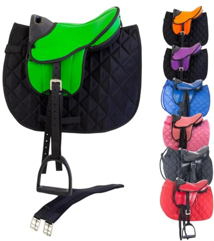 Marengos - Holzpferd Sattel Set Beginner – Grün – 12 | Sattel mit Sattelgurt, Schabracke, Steigbügel & -Riemen – Kunstleder