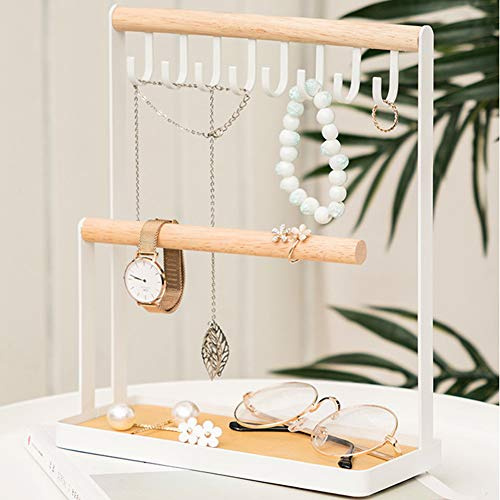 Jsleid porte bijoux, support bijoux, Porte-bijoux métal, Présentoir bijoux, Présentoir bijoux bois, Porte-collier avec plateau, Avec crochet, rangez longs colliers, bracelets, bagues, montres (blanc)