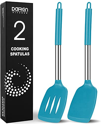 Silicone Spatula Set, Solid & Slotted Turner for Cooking, 2 Pack, Blue | Heat Resistant Kitchen Utensils for Nonstick Cookware,Stainless Steel Handle,Flexible Rubber Spatulas for Fish Eggs Pancakes