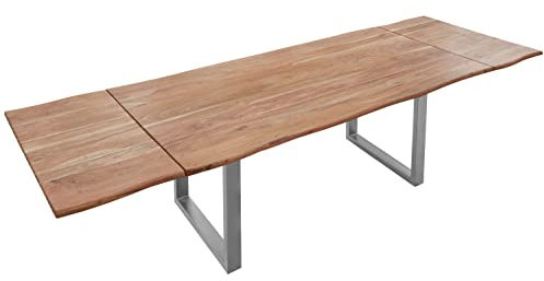 SAM Baumkantentisch 180 (280) x 90 cm Norina, Akazienholz massiv & stonefarben lackiert, Esszimmertisch inkl. 2 Ansteckplatten, echte Baumkante, Esstisch mit U-Metallgestell in Silber