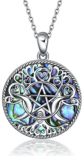 YFN Triple Moon Goddess Necklace Sterling Silver Pentagram Pentacle Pendant necklace Pagan Wiccan Magic Amulet Tree of Life Jewelry for Women Men
