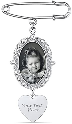 Custom4U Stainless Steel Photo Brooch Silver Gold with Picture Engraving Memorial Pendant Bridal Bouquet with Photo Pendant Silver for Wedding Boutonniere Pin Bouquet Charms