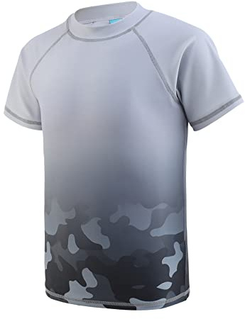 Aisyee Maillot de Bain à Manches Courtes pour garçons - Rashguard - Séchage Rapide - pour garçons de 5 à 16 Ans, Gris/Camouflage, 13-14 Ans