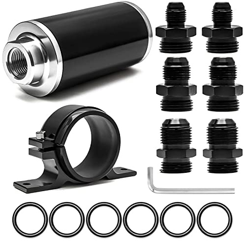 58mm 30 Micron Inline Fuel Filter 6AN 8AN 10AN Aluminum Fuel/Gas/Petrol Filter Adapter Fittings & Fuel Filter Mounting Bracket Universal Cleanable Black