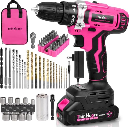Pink Cordless Drill Set, 20V Lithium-ion Power Drill Set for Women with 67Pcs Driver Bits, 3/8Keyless Chuck, 25+1 Position, 2.0Ah Battery, Charger and Storage Bag Included