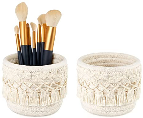 Mkono Makeup Brush Holder Organizer Mini Macrame Cosmetics Brushes Cup Storage Basket Set of 2 Boho Decor Pen Pencil Box Container