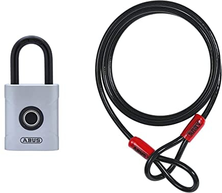 ABUS Touch 57/50 Fingerabdruck-Schloss - schlüsselloses, wetterfestes Vorhängeschloss - IP66 & IP68., Silber, 50mm & Schlaufenkabel Cobra 10 - 1,4 M, 10 mm stark, Schwarz