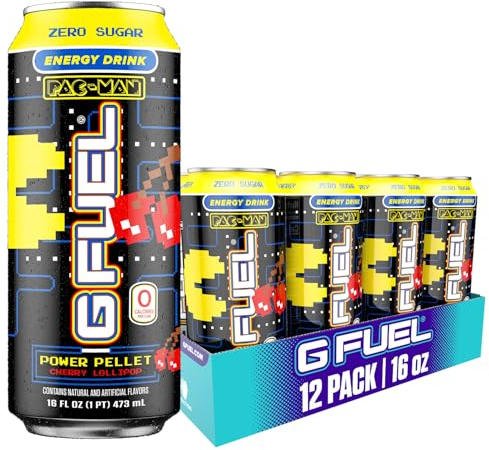 G Fuel Energy Drink, Cherry Lollipop, Sugar Free Beverage with 140mg Caffeine, Daily Energy Boost with Focus Amino, Vitamin + Antioxidants, 16 oz Cans (Pac-Man Power Pellet, 12-Pack)