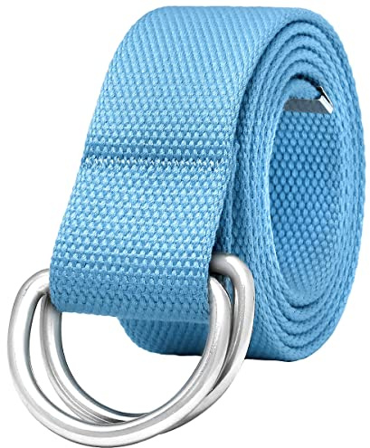 Falari Canvas-Webgürtel, Metall, Doppel-D-Ring-Schnalle für Männer und Frauen, lässiger Stoff, Militär-Stil, 3,8 cm breit, 1 Stück, Hellblau, 92.5-100 cm/L Taille