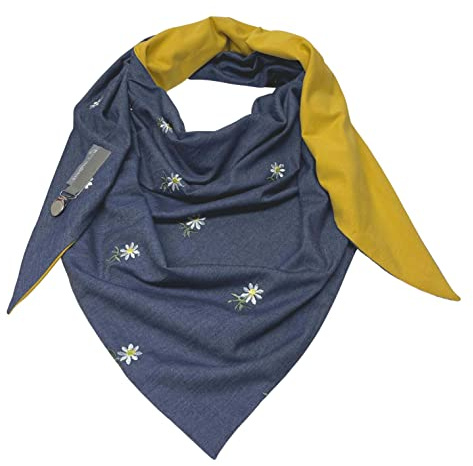 XXL Tuch Jeans-Blau Senf-Gelb bestickt mit Blüten Blumen Muster Baumwolltuch Bauwolle Damen Damenhalstuch Dreieckstuch Schal Herren Männer Frauen Herrenhalstuch Dreieckig – Landhuis handmade