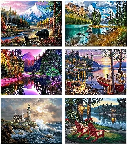 Mrnsiet 6 Pack Paint by Number for Adults,Landscape Paint by Numbers for Adults Beginner, DIY Acrylic Painting Gift Kits Drawing Paintwork for Relax and Home Wall Decoer12X16 Inch