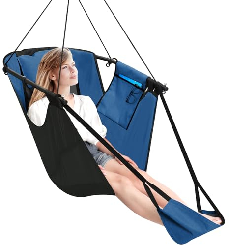 Chihee Hängesessel mit Fußstütze,U-förmige Metallrahmen Hängematte Stuhl,Langlebiges Oxford-Gewebe Teslin Schaukelstuhl mit Seitentaschen-Kopfkissen Karabiner Starke Unterstützung und Atmungsaktivität