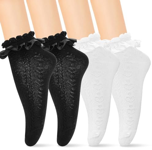 COMNICO Spitzen-Rüschen-Söckchen, 2 Paar Baumwoll-Rüschensocken mit Ribon-Besatz für Damen (Schwarz + Weiß)