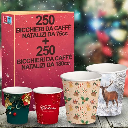 GM Kit 500 Bicchieri Natalizi - 250 Bicchieri caffè in carta da 75 ml + 250 Bicchieri bevande da 180 ml, monouso usa e getta, biodegradabili, con stampe natalizie, motivo invernale.