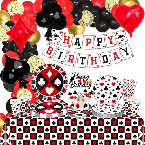 173Pcs Casino Geburtstag Dekorationen - Poker Teller, Servietten, Tassen, Luftballons, Geburtstag Banner, Cake Topper und Tischdecke für Poker Casino Party Supplies, serviert 20 Gäste (Casino-L)