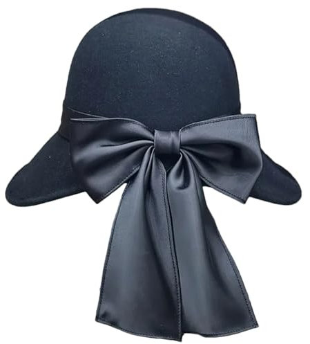 Runder Damenhut aus Wolle, Fedora-Hüte, warm, breit, mit Schleife, Kirchenfilz, Fischerhut, Schwarz , Einheitsgröße