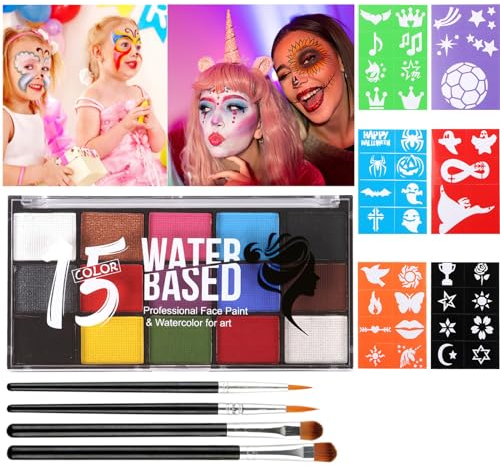 FainFun Kinderschminke Set, 15 Farben Kinderschminke Fasching, Gesichtsfarben Kinderschminken mit 4 Pinsel und 40 Tattoos, Kinderschminke Fasching Ungiftig für Halloween, Fasching, Maskerade