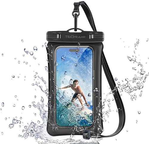 TECHGEAR Custodia impermeabile per telefono, custodia galleggiante IPX8 per nuoto, borsa impermeabile per telefono con cordino compatibile per iPhone 17 16e 16 15 14 13, Samsung Galaxy S25 S24 S23 S22