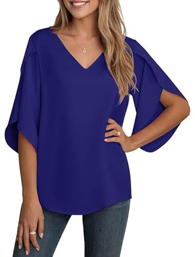 YGJIEGENG Summer Blouses for Women UK Chiffon Ladies Tops Short Sleeve V Neck Women's Blouses & Shirts Tunic Comfortable Holiday,Royal Blue,XL