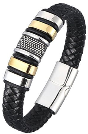 Bishilin Lederarmband für Männer mit Gravur 18.5CM, Partner Armband Magnetisch Geometrie mit Gepunkt Charm Armband Herren Schwarz