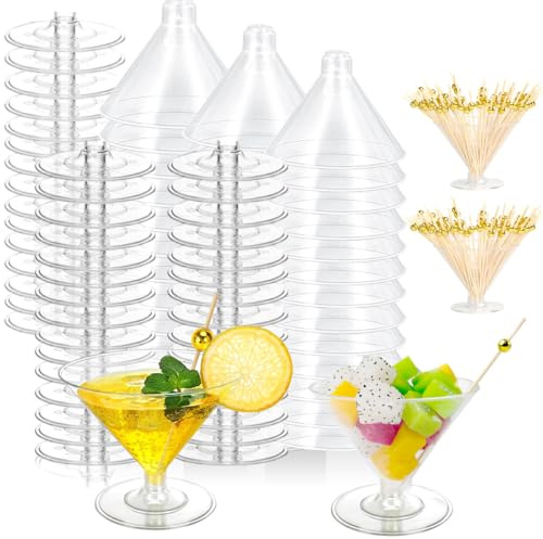Cashger 100 Pack Plastic Martini Glasses 5 Oz Mini Dessert Cups Clear Cocktail Glasses with Cocktail Sticks Clear Short Stem Shot Glasses for Party Wine, Desserts and Appetizers
