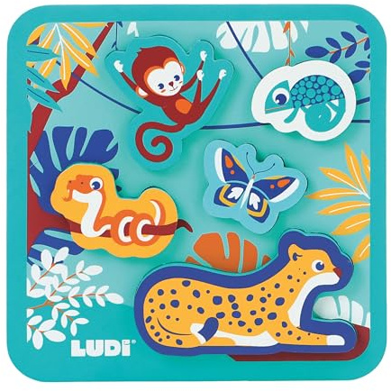 Ludi — Schaumpuzzle — Spielzeug zum Erwachen — integriertes Spiel — stimuliert die motorischen Fähigkeiten und fördert die Fantasie — 5 Dschungeltiere und 1 Spielbrett — wasserdicht — 20x20x1,5 cm