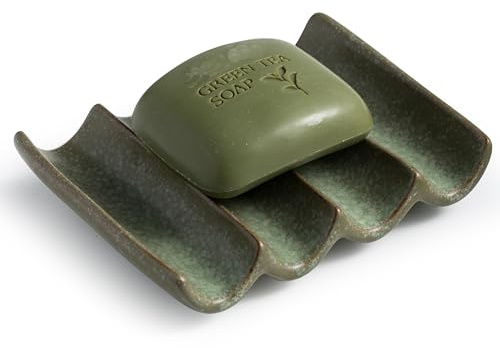 Cormomu Draining Ceramic Soap Dish - Fluted Design, Bar Soap Holder for Shower & Bathroom, Soap Saver Sponge Lift, Green