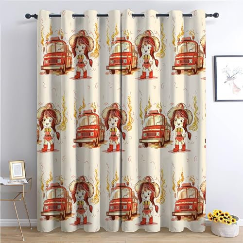 Verdunklungsvorhänge Gardinen mit Ösen Blickdichte Vorhänge Lärmschutzvorhang für Kinderzimmer Gardinen mit Niedliches Feuerwehrmädchen mit Feuerwehrauto Muster, 215 x 110 cm, Cremefarben 2er Set