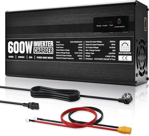 ECO-WORTHY 14,6V 25A LiFePO4 Ladegerät mit 600W Wechselrichter | 12V auf 230V,Netzvorrangschaltung,USV Funktion, für LiFePO4 Deep Cycle Batterie, KFZ, LKW, PKW